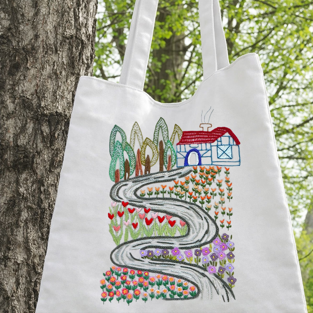 Rubbyoo Embroidery Tote Bag Kit - Country Cottage | Abundant Colour Canvas Bag | Gift For Crafters - image 2