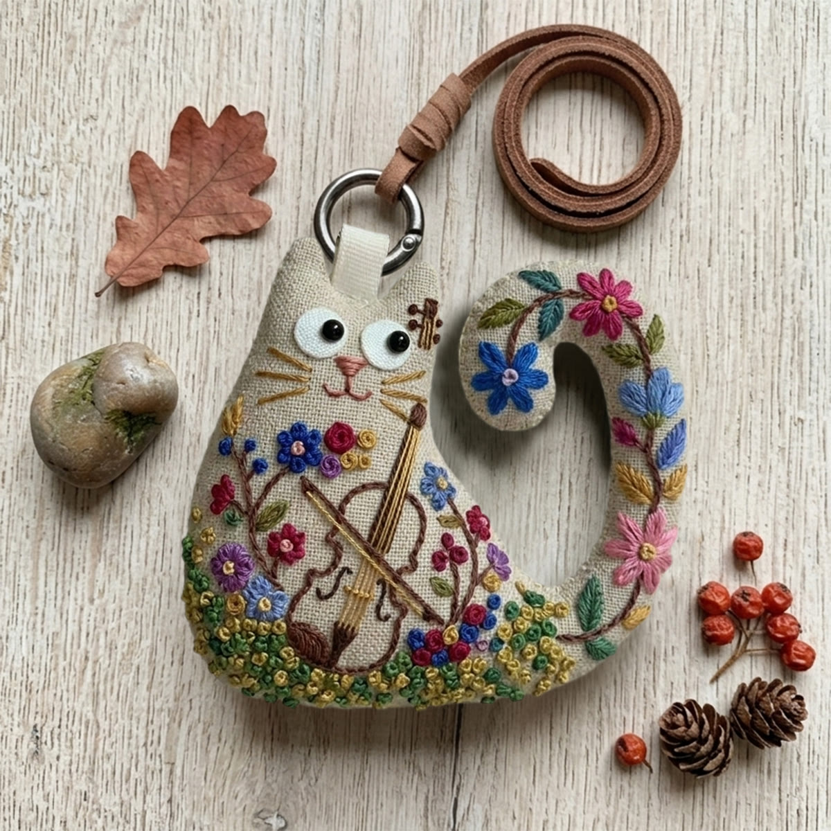Rubbyoo Cat Embroidery Kit - Floral Violin Design | Unique Birthday Gift For Her | Artsy Wall Hanging Decor - image 3