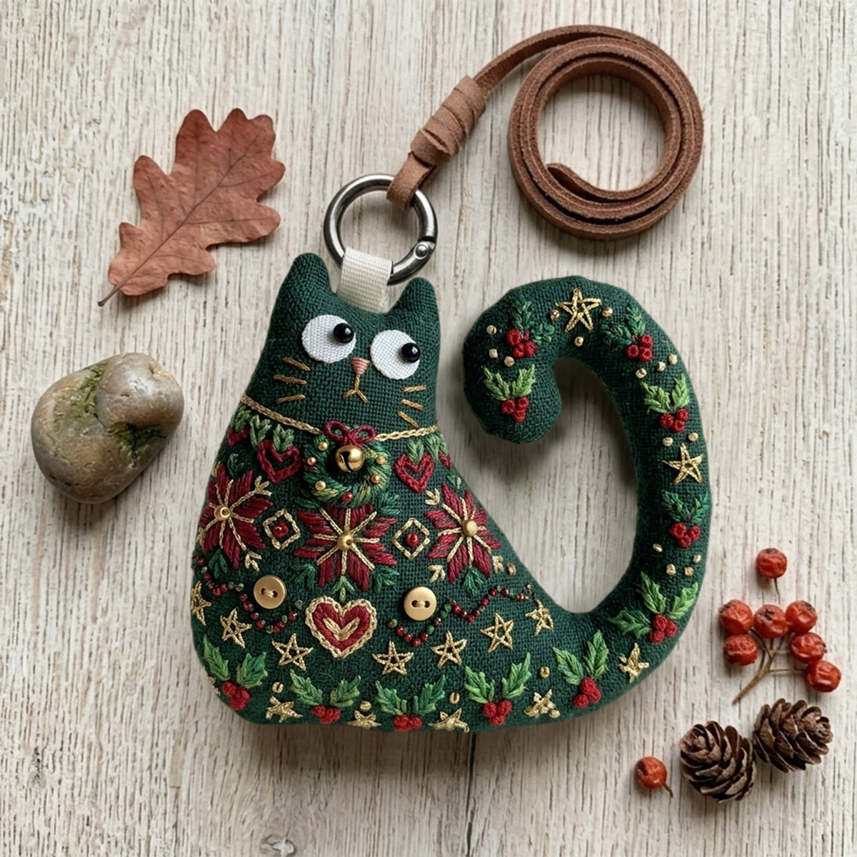 Rubbyoo Cat Embroidery Kit - Holly And Berries | Elegant Gift For Moms | Auto Rearview Mirror Charm - image 2