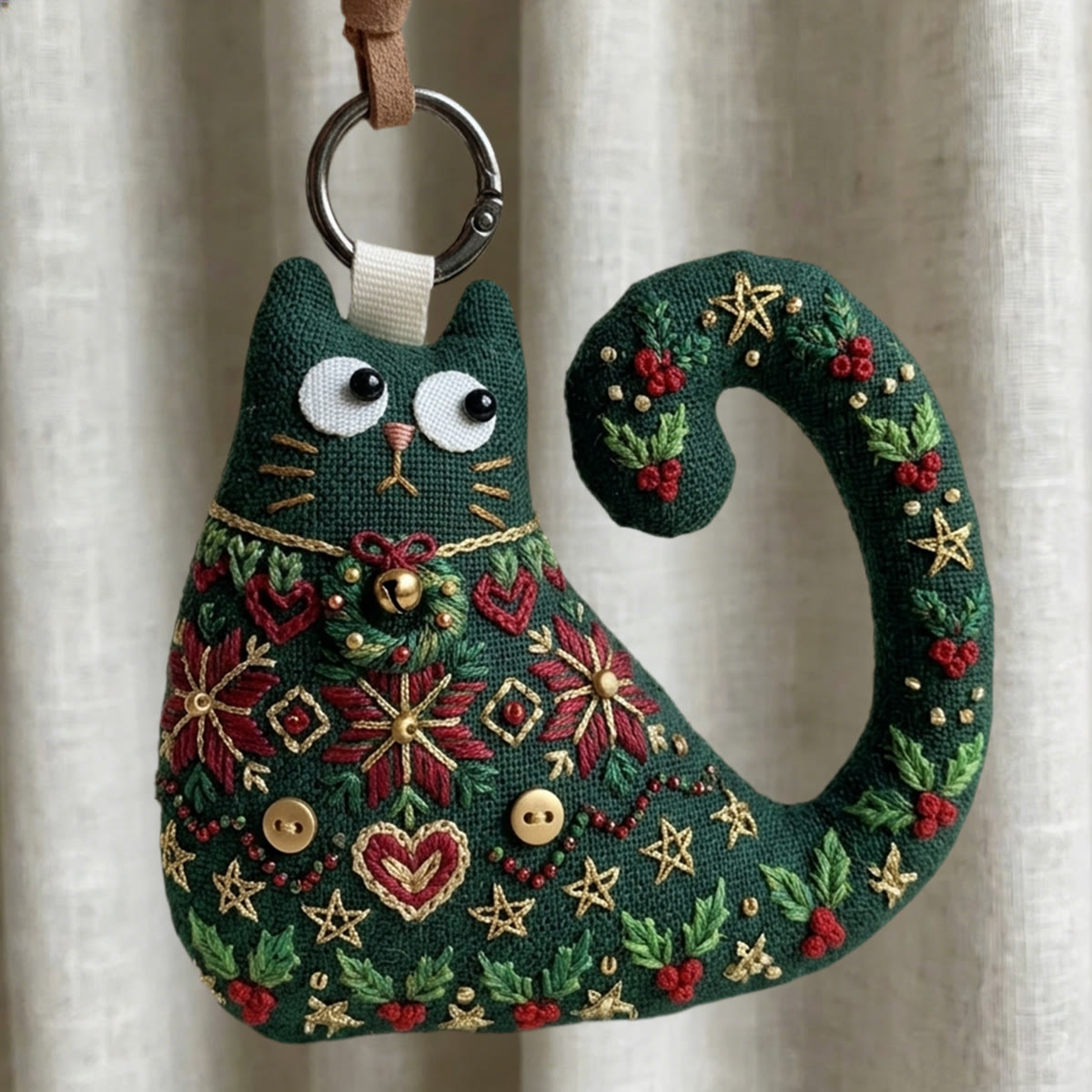 Rubbyoo Cat Embroidery Kit - Holly And Berries | Elegant Gift For Moms | Auto Rearview Mirror Charm - 6 inches hoop kit - image 1