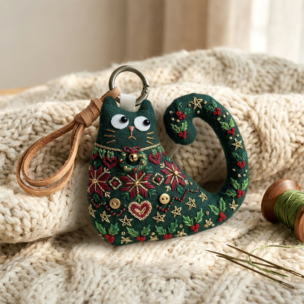 Rubbyoo Cat Embroidery Kit - Holly And Berries | Elegant Gift For Moms | Auto Rearview Mirror Charm - image 9