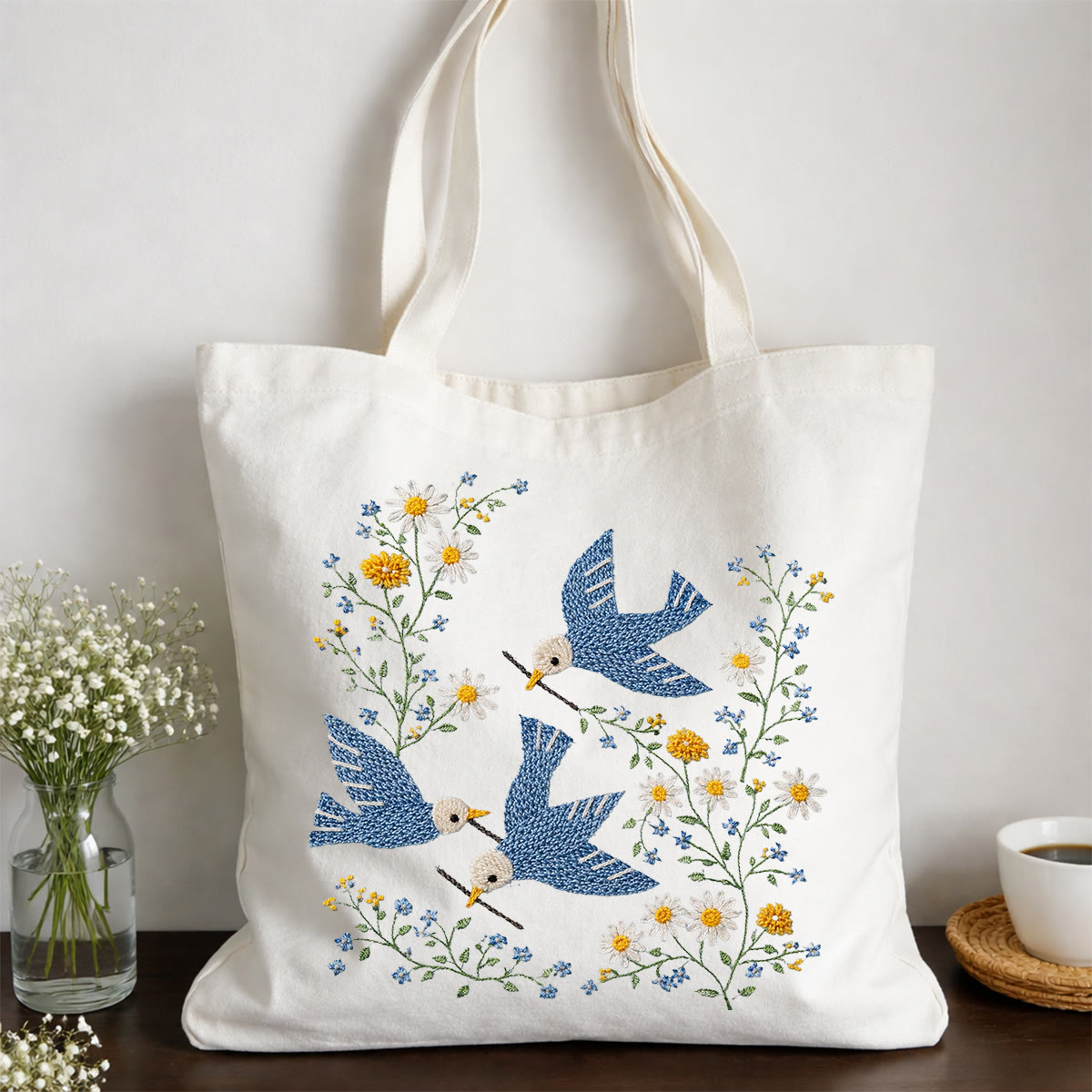 Rubbyoo Embroidery Tote Bag Kit - Bird With Daisies | Handmade Gift Idea |  Diy Craft For Her   - 11.8" × 13.8" - White - image 1
