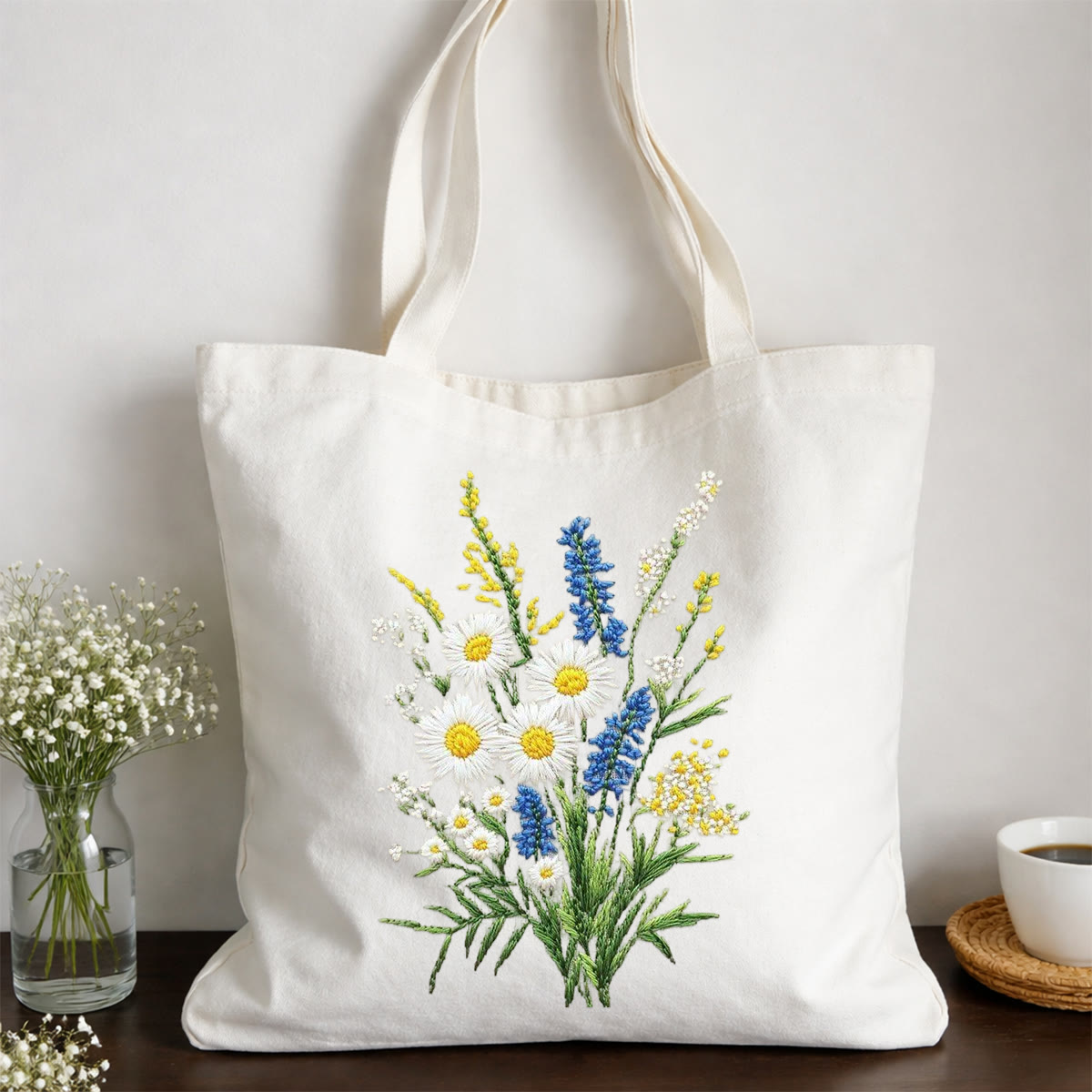 Rubbyoo Embroidery Tote Bag Kit - Little Daisies | Diy Craft Gift | Handmade Shoulder Bag - 11.8" × 13.8" - White - image 1