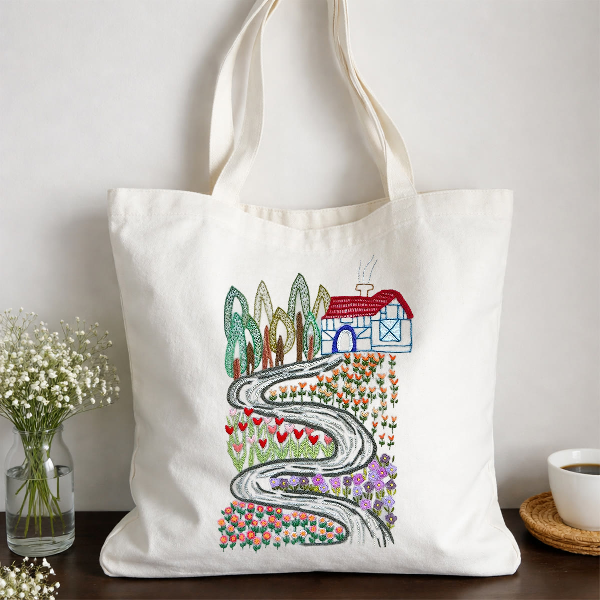 Rubbyoo Embroidery Tote Bag Kit - Country Cottage | Abundant Colour Canvas Bag | Gift For Crafters - 11.8" × 13.8" - White - image 1