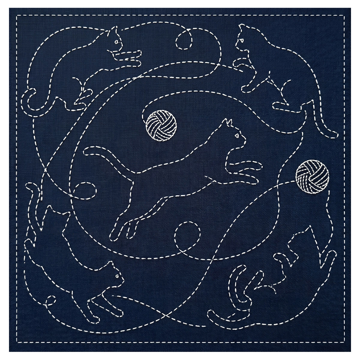 Rubbyoo Sashiko Embroidery Kit - Playful Cats And Yarn Balls | Unique Gift For Knitters | Modern Farmhouse Accent - 20*20cm - image 1