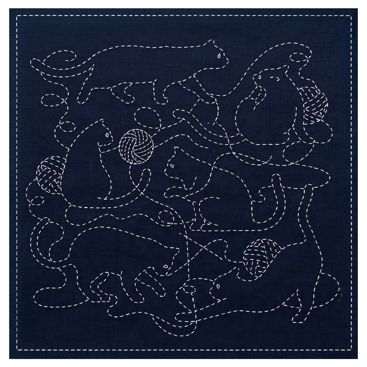 Rubbyoo Sashiko Embroidery Kit - Playful Cats Pattern | Gift For Embroiderers And Crafters | Bedroom Wall Hanging - 20*20cm - image 1