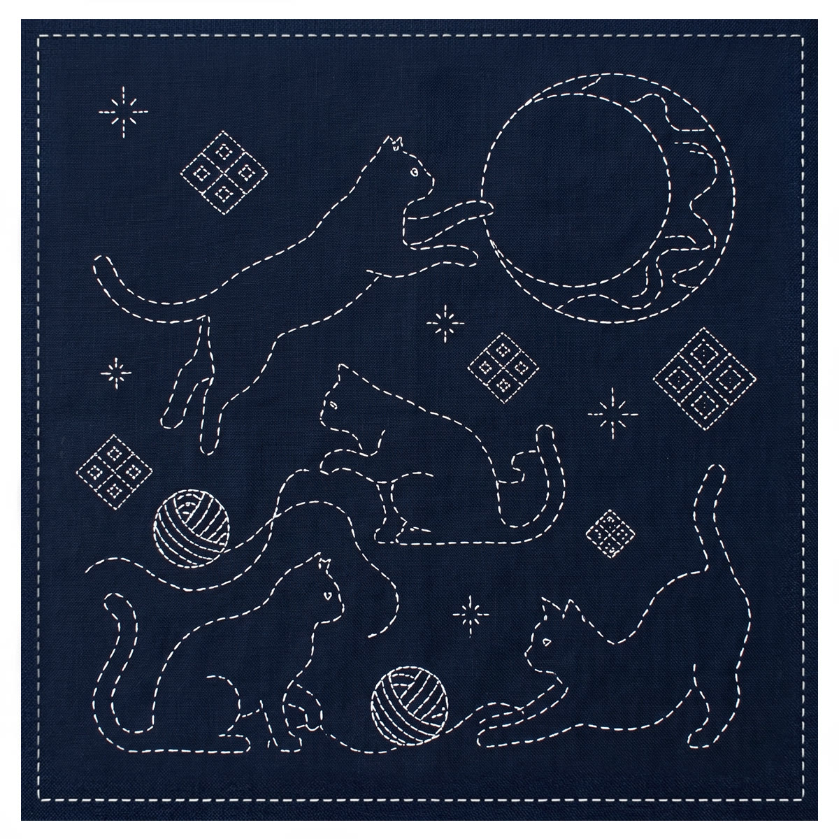 Rubbyoo Sashiko Embroidery Kit - Running and Sitting Cats | Modern Japanese Craft | Textile Wall Hanging - 20*20cm - image 1