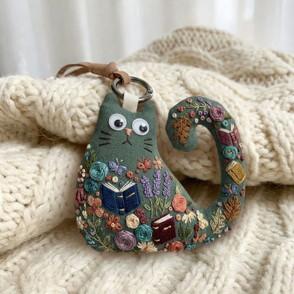 Rubbyoo Cat Embroidery Kit - Woodland Library Theme | Gift For Cat Lovers | Unique Artisan Backpack Charm - image 2