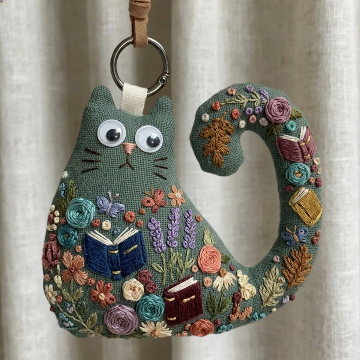 Rubbyoo Cat Embroidery Kit - Woodland Library Theme | Gift For Cat Lovers | Unique Artisan Backpack Charm - 6 inches hoop kit - image 1