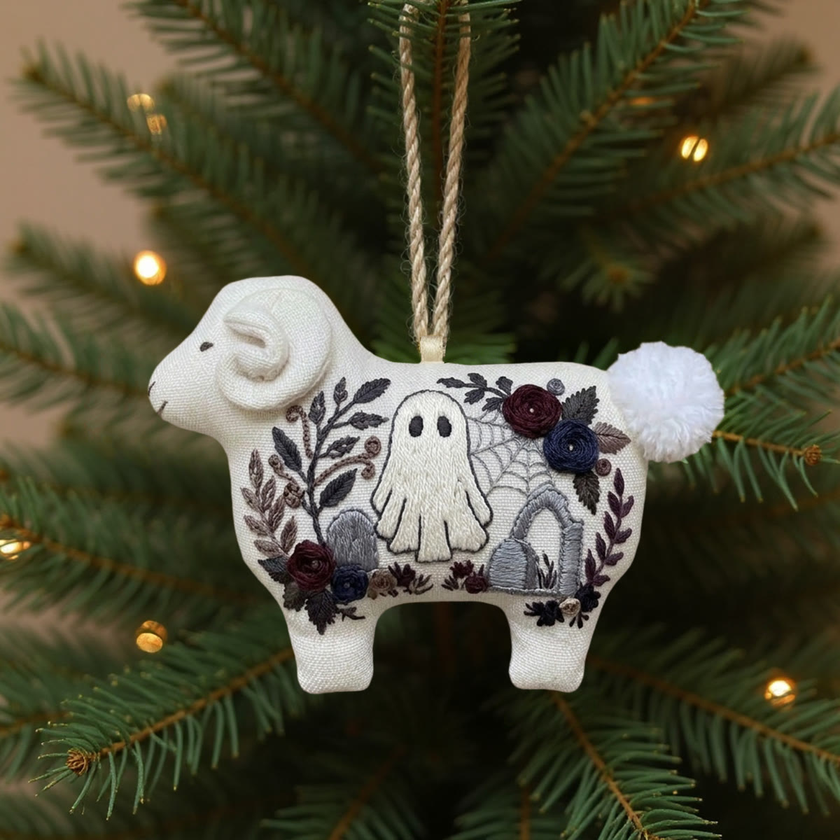 Rubbyoo Lamb-shaped Embroidery Kit - Whimsical Ghost | Spooky Hanging Ornament | Unique Handmade Collection  - 6 inches hoop kit - image 1