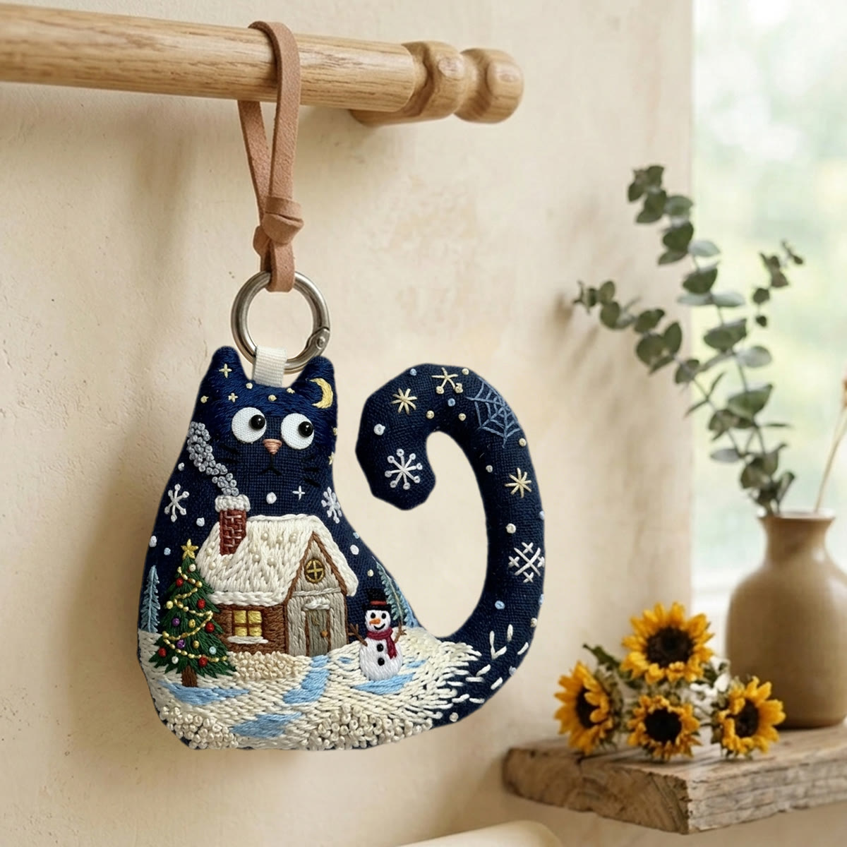 Rubbyoo Cat Embroidery Kit - Log Cabin In Snowy Night | Unique Gift For Crafters | Window Hanging Decor - image 3