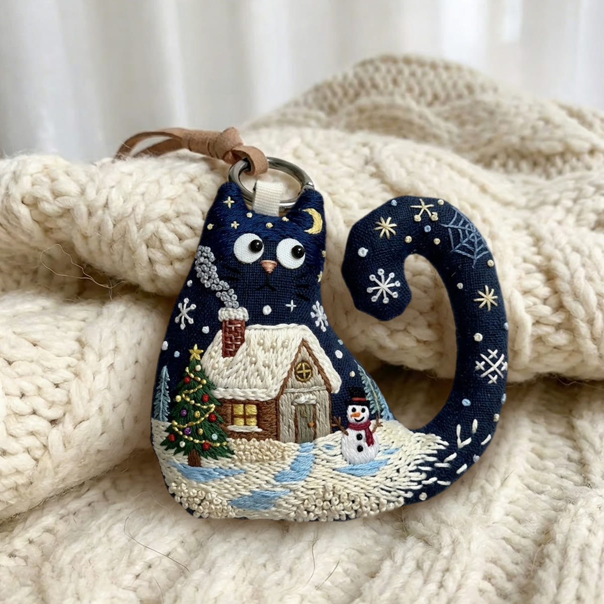 Rubbyoo Cat Embroidery Kit - Log Cabin In Snowy Night | Unique Gift For Crafters | Window Hanging Decor - image 2