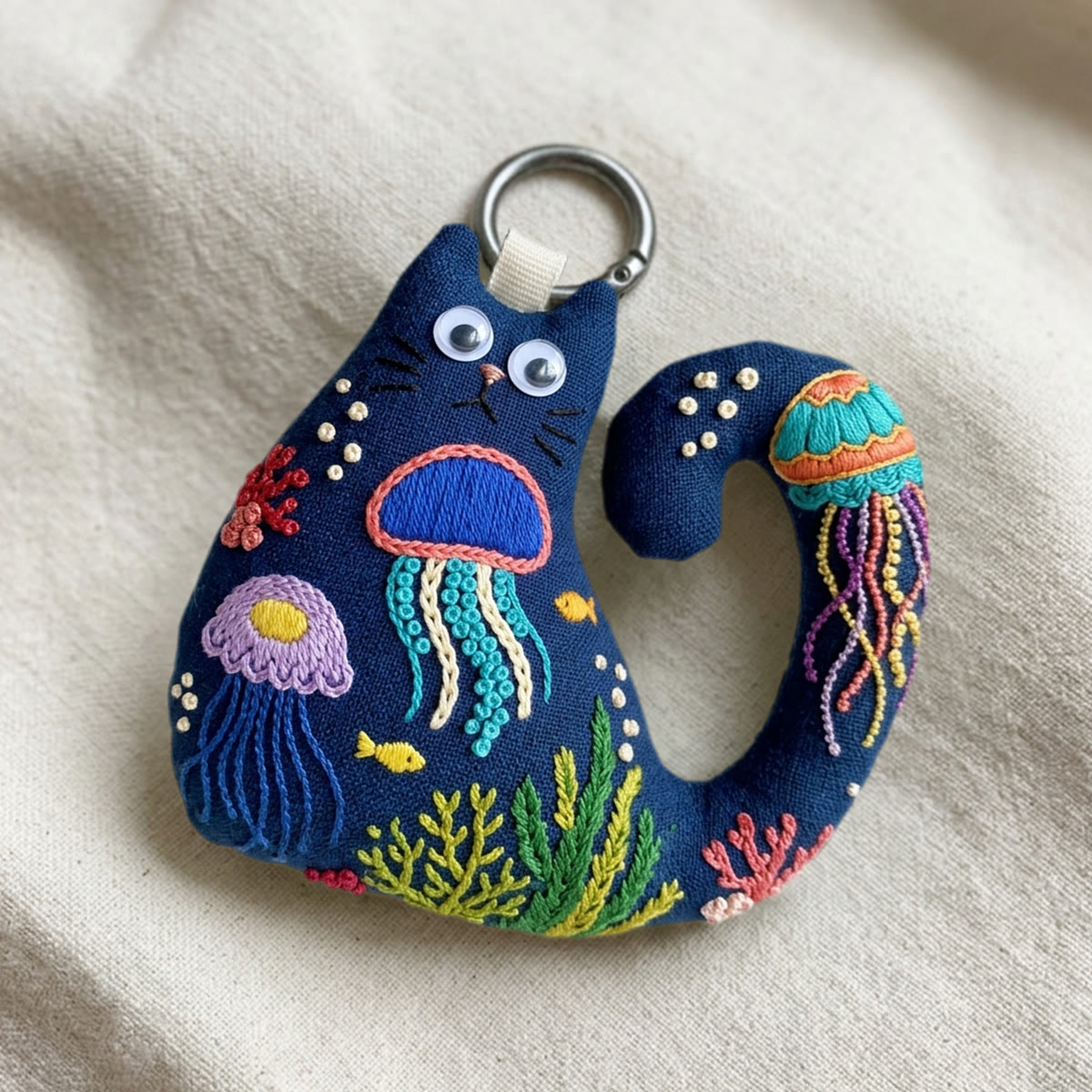 Rubbyoo Cat Embroidery Kit - Colorful Jellyfish And Seaweed | Diy Hand-stitched Gift | Coastal Beach Bag Accessory - image 6