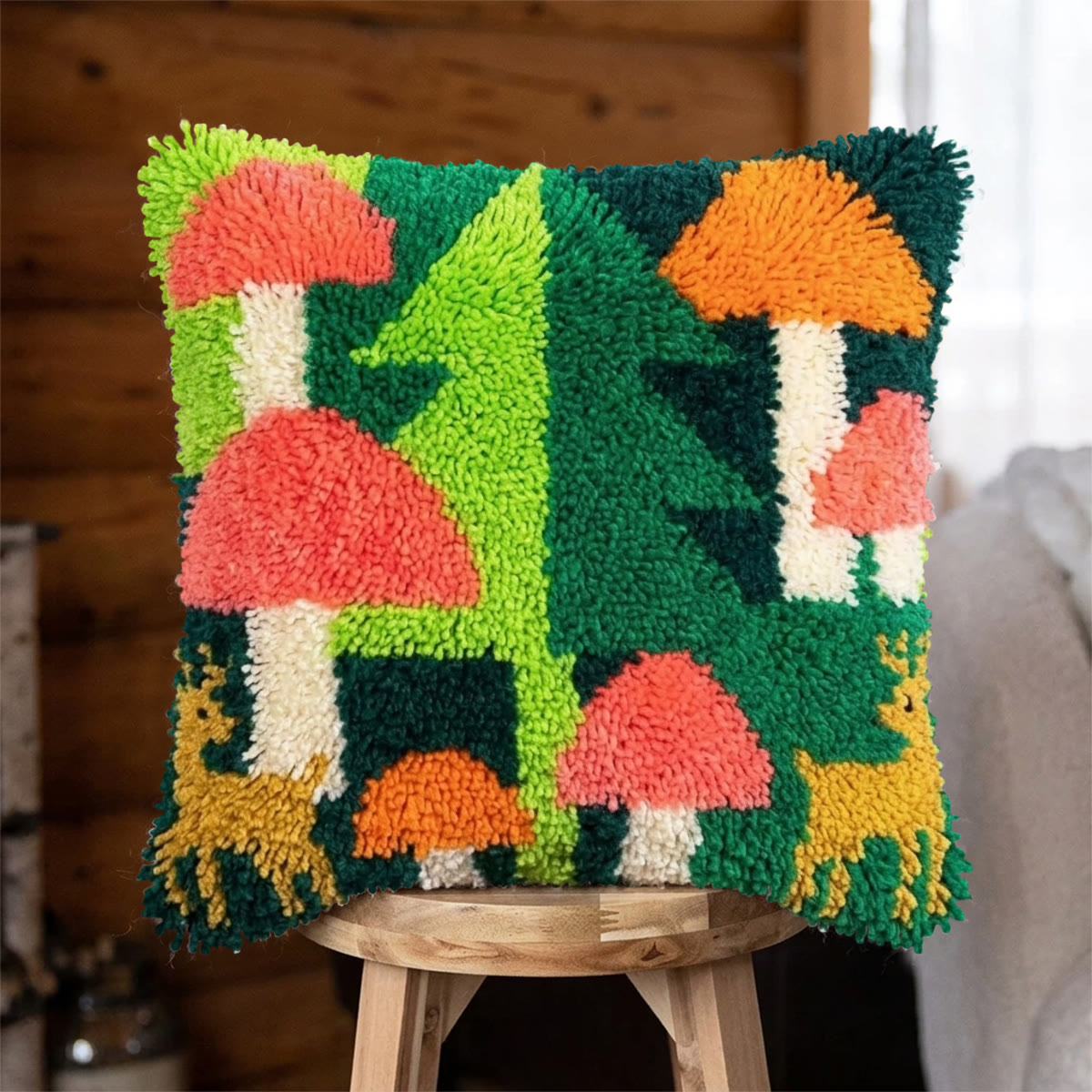 Rubbyoo Latch Hook Pillow Kit - Woodland Mushroom | Diy Sofa Decorative Pillows | Handmade Home Ornament - 43*43cm - image 1
