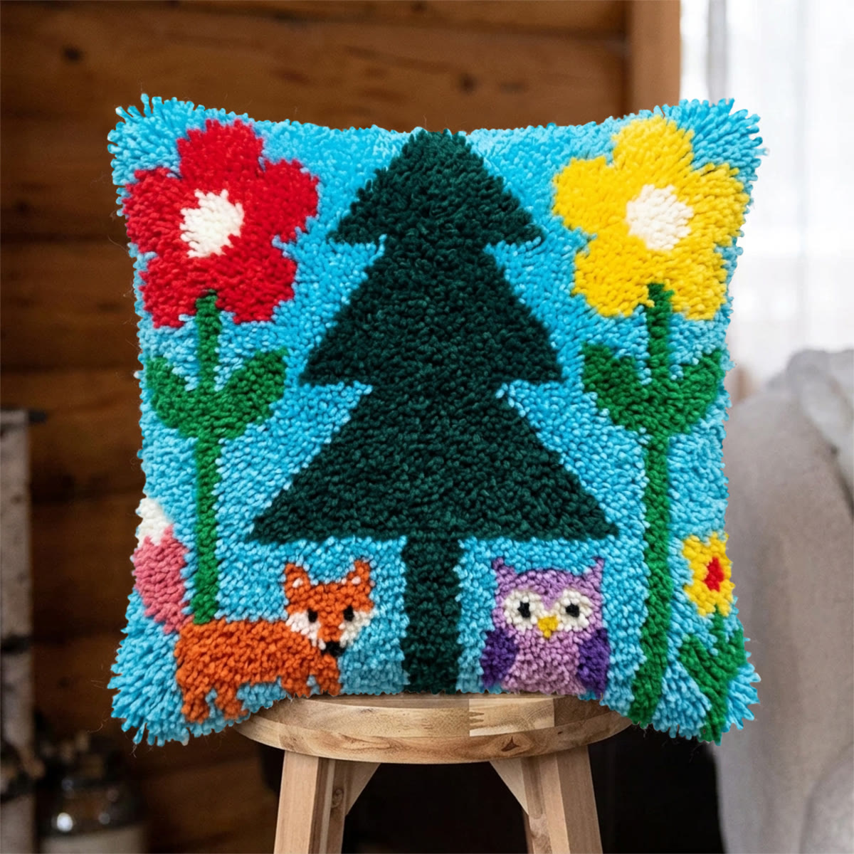 Rubbyoo Latch Hook Pillow Kit - Whimsical Forest Animal |  Car Lumbar Pillow Cover | Perfect Housewarming Craft  - 43*43cm - image 1