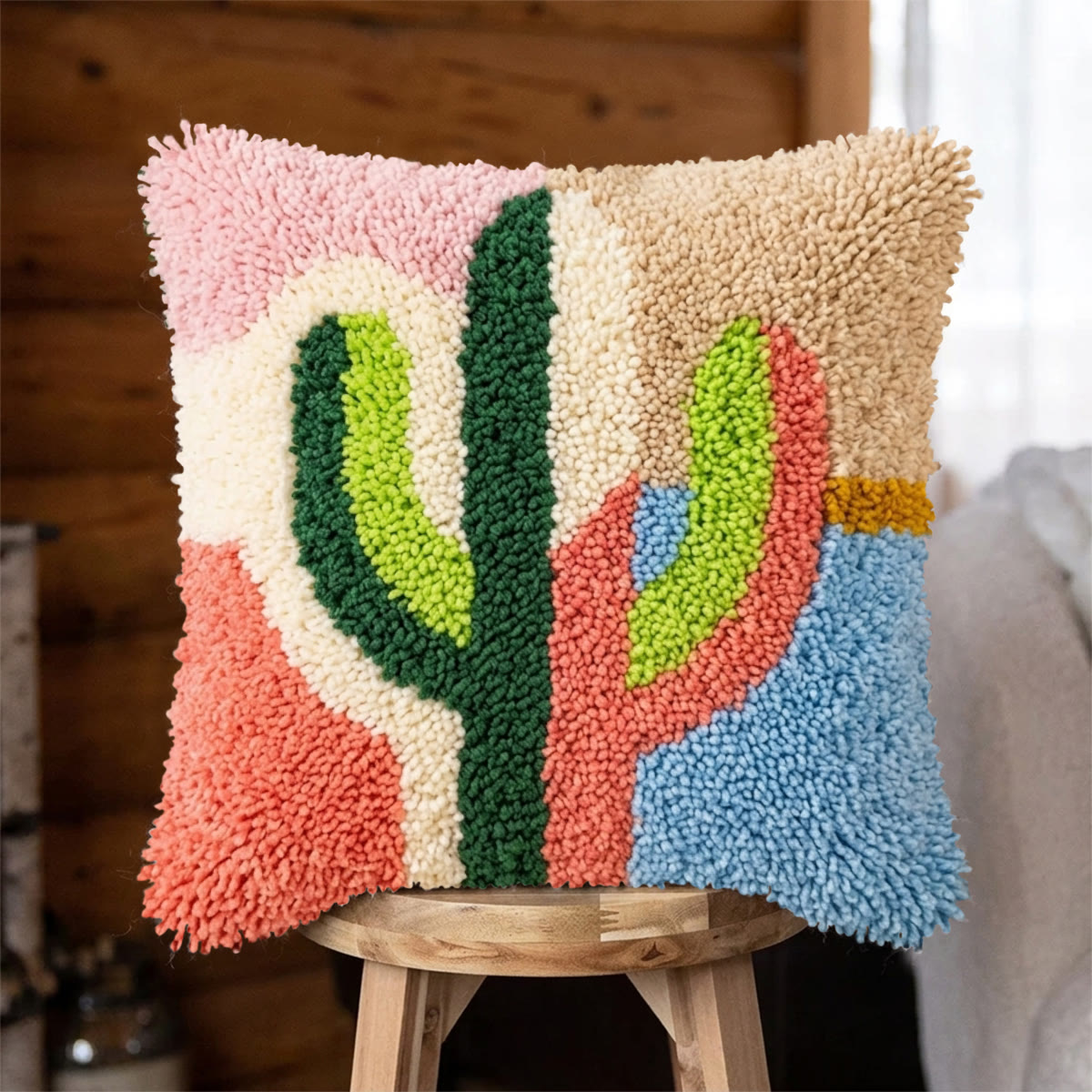 Rubbyoo Latch Hook Pillow Kit - Colorful Cactus |  Boho Cushion Cover | Unique Home Decor - 43*43cm - image 1