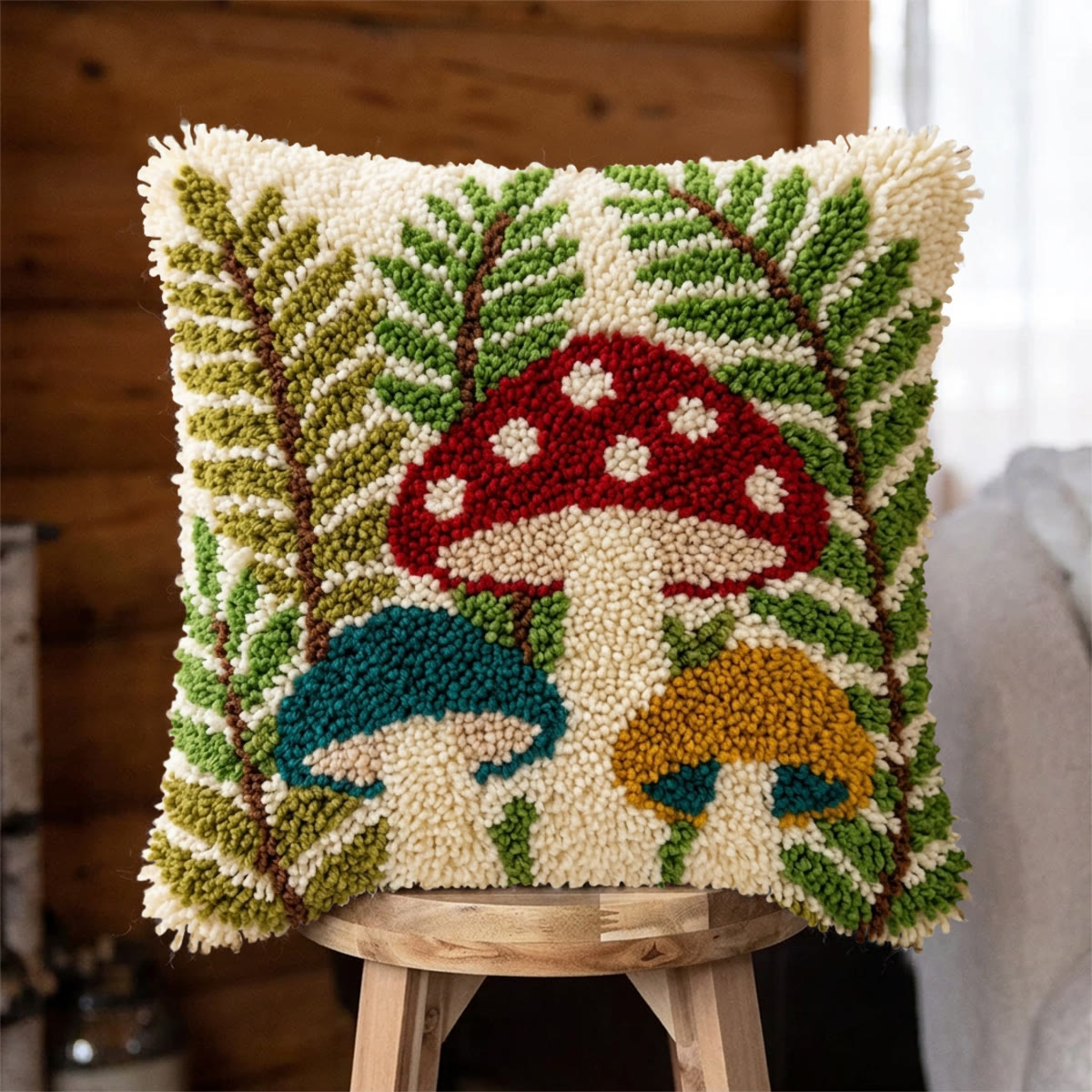 Rubbyoo Latch Hook Pillow Kit - Toadstool Fern | Living Room Decor | Easy Handmade Craft  - 43*43cm - image 1