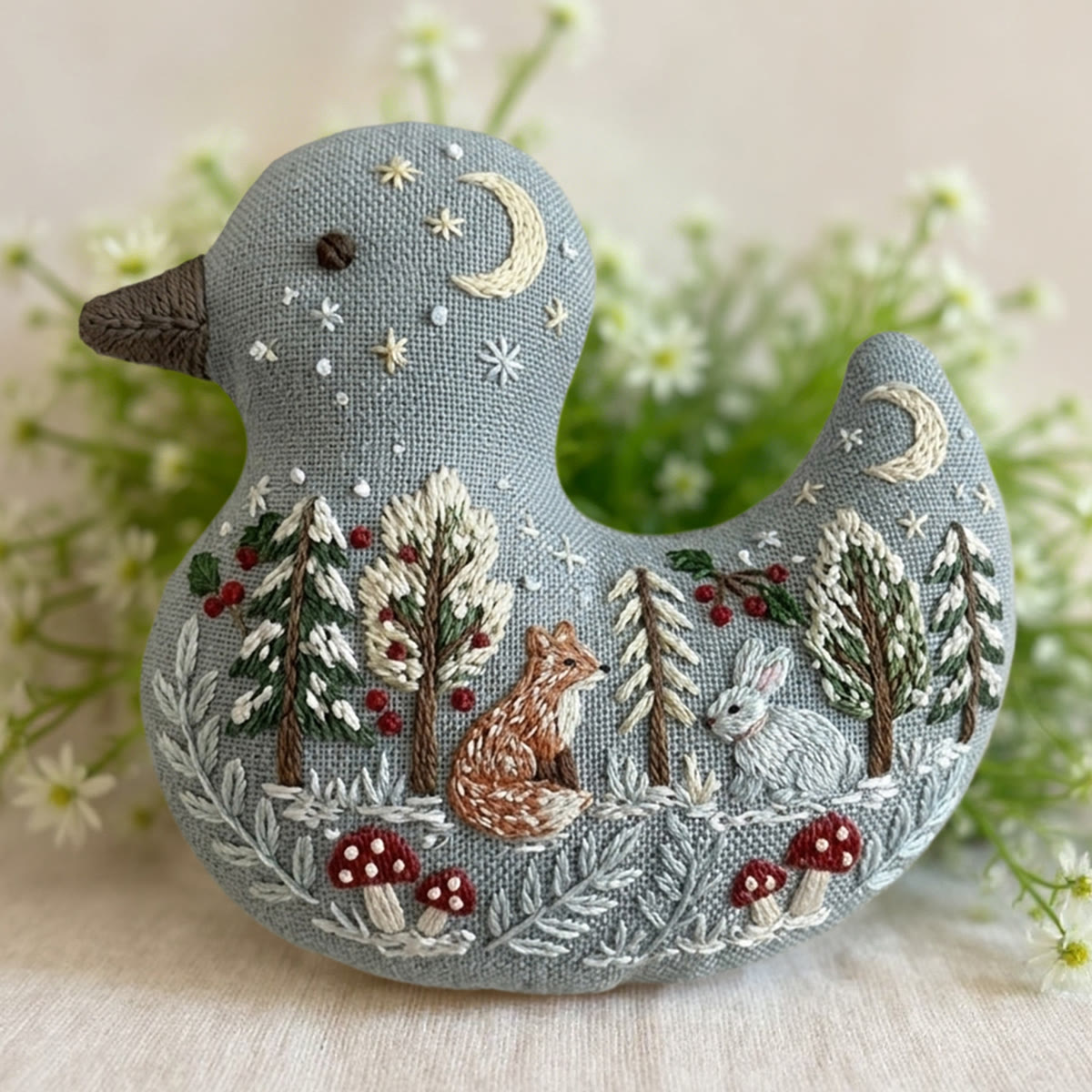 Rubbyoo Duck Embroidery Kit - Fox And Rabbit In Snowy Forest | Whimsical Forest Creature Gift | Unique Moon And Stars Nursery Decor - 6 inches hoop kit - image 1