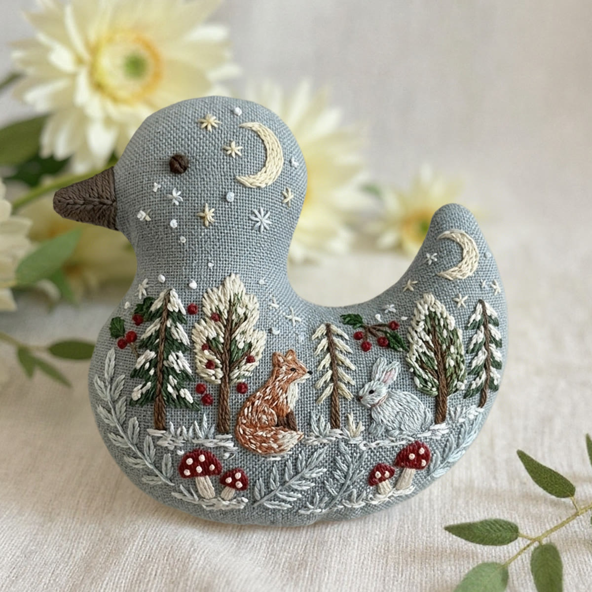 Rubbyoo Duck Embroidery Kit - Fox And Rabbit In Snowy Forest | Whimsical Forest Creature Gift | Unique Moon And Stars Nursery Decor - image 2
