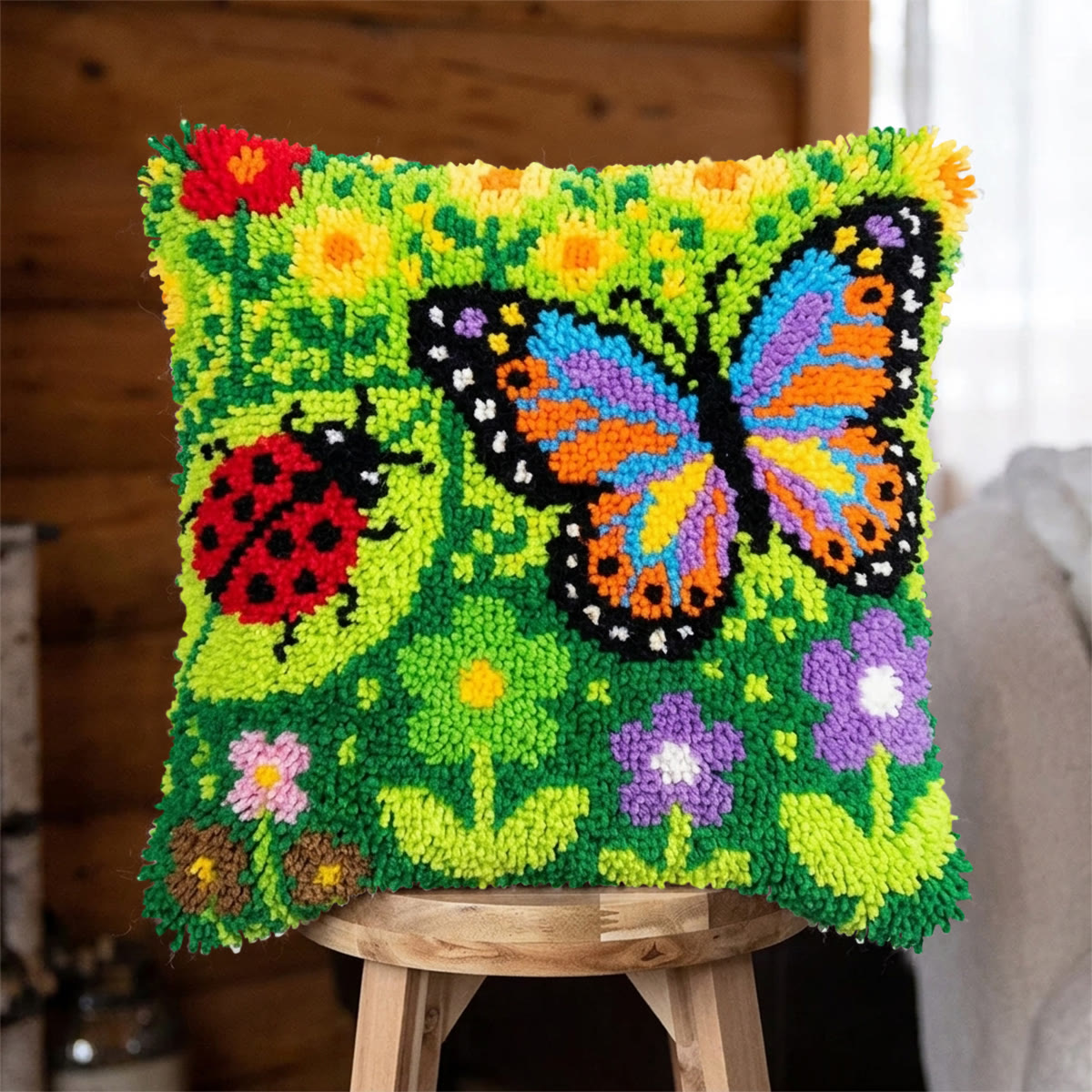 Rubbyoo Latch Hook Pillow Kit - Butterfly And Ladybug | Personalized  Cushion Cover | Nice Handmade Gift For Mom  - 43*43cm - image 1