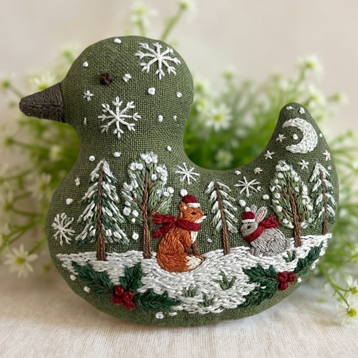 Rubbyoo Duck Embroidery Kit - Fox And Rabbit With Red Scarves | Wonderland Gift For Her | Cozy Cabin Ornament - 6 inches hoop kit - image 1