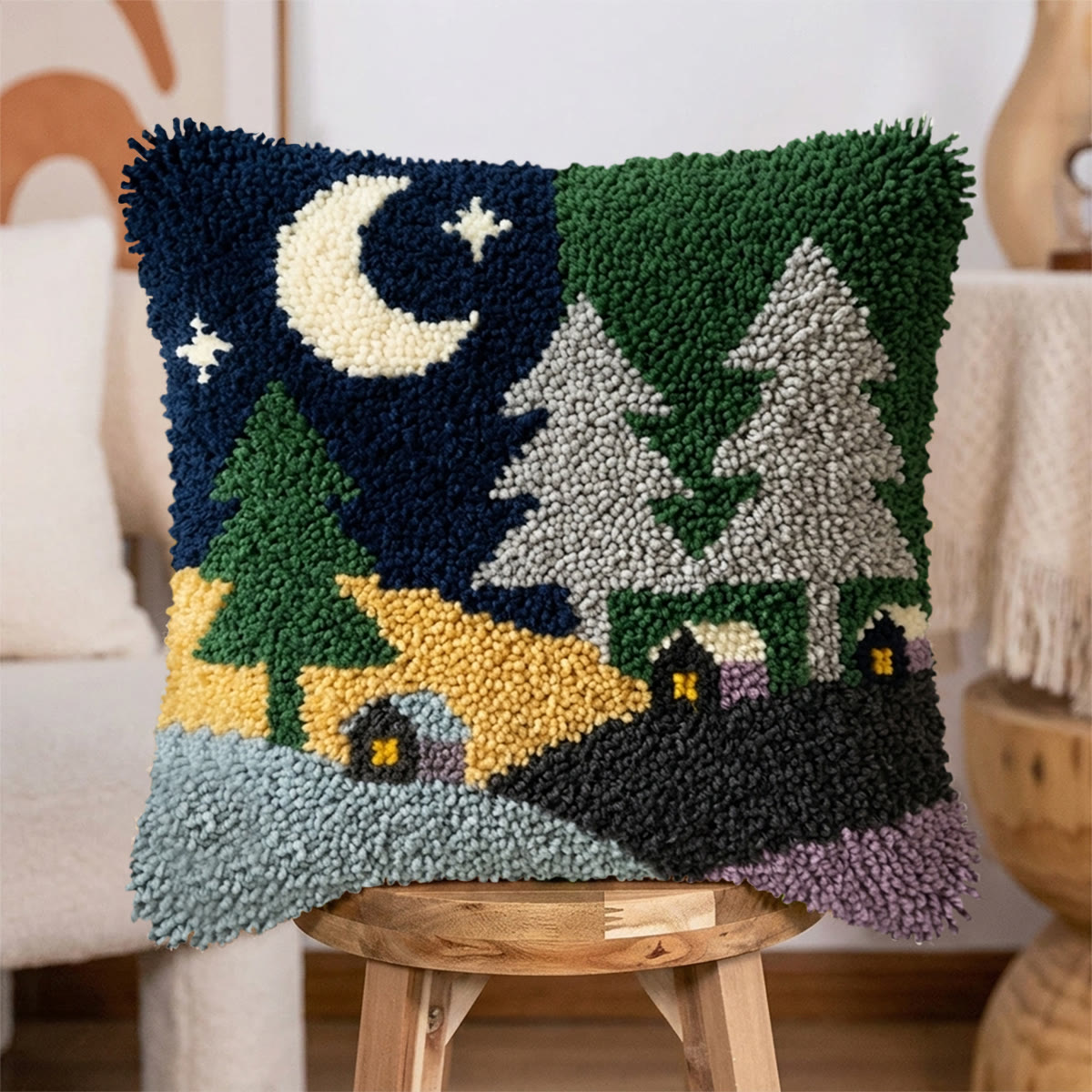 Rubbyoo Latch Hook Pillow Kit - Night Forest Village |  Landscape Cushion Cover | Cozy Home Decor Accent  - image 2