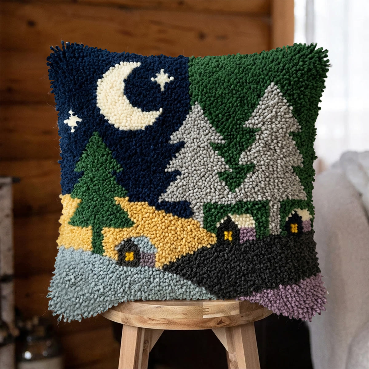 Rubbyoo Latch Hook Pillow Kit - Night Forest Village |  Landscape Cushion Cover | Cozy Home Decor Accent  - 43*43cm - image 1