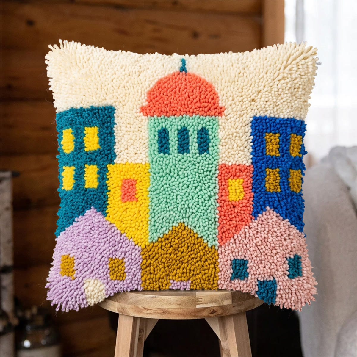 Rubbyoo Latch Hook Pillow Kit - Cityscape | Handmade Bedroom Accent | Soft Pillow Cover  - 43*43cm - image 1