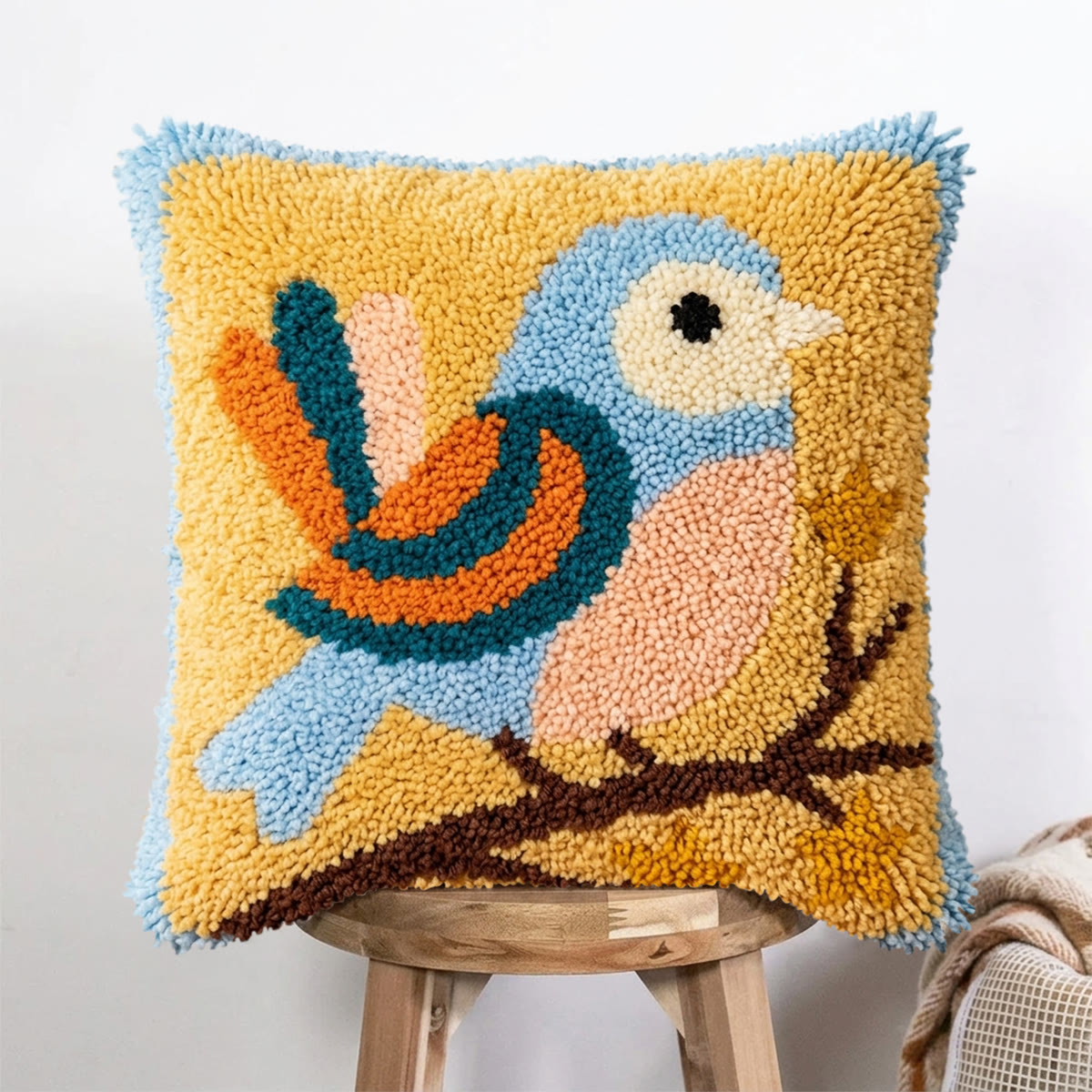 Rubbyoo Latch Hook Pillow Kit - Retro Blue Bird |  Aniaml Cushion Cover | Easy Handicraft For Beginner - 43*43cm - image 1