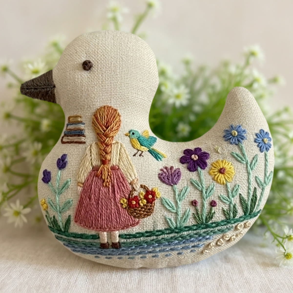 Rubbyoo Duck Embroidery Kit - Girl With Braid In Meadow | Shabby Chic Gift For Mother | Whimsical Linen Bag Charm - 6 inches hoop kit - image 1
