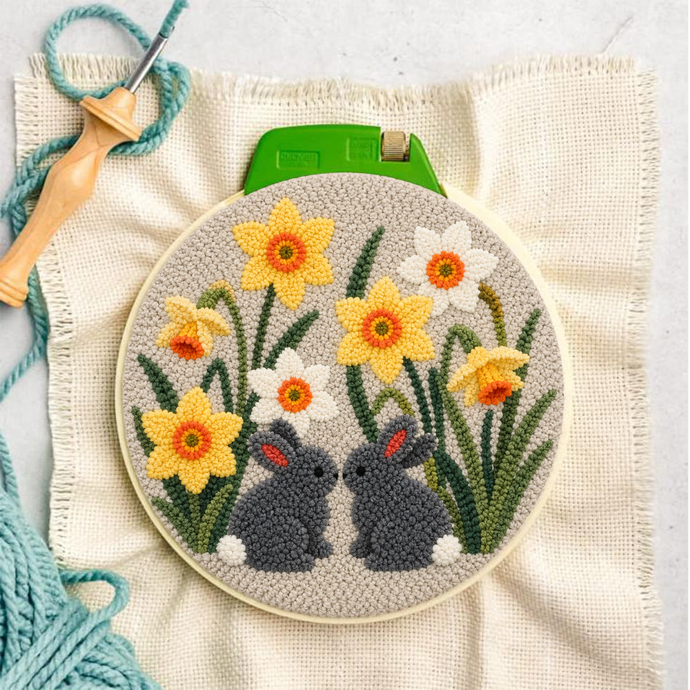 Daffodil And Rabbit Punch Needle Kit - Floral Hand Embroidery Hoop Art | Diy Nursery Decor - image 2