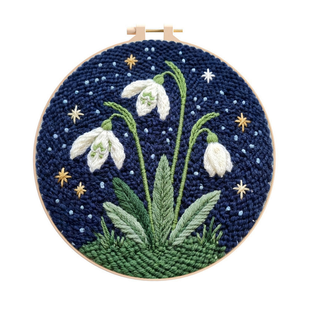 Snowdrop Flower Punch Needle Kit - Starry Night Wall Decor | Beginner Diy Needlecraft - 8 inch Hoop Kit - image 1