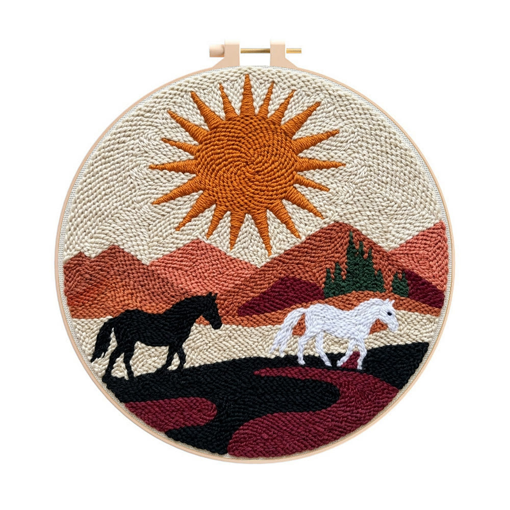Boho Horse Punch Needle Kit - Handmade Modern Fiber Art | Southwestern Desert Sunset Decor - 8 inch Hoop Kit - image 1