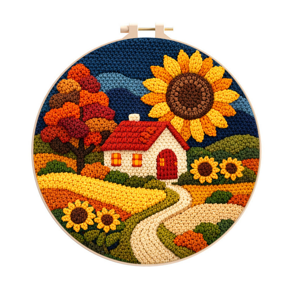 Cottagecore Sunflower Field Punch Needle Kit - Handmade Scenery Wall Art | Unique Housewarming Gift - 8 inch Hoop Kit - image 1