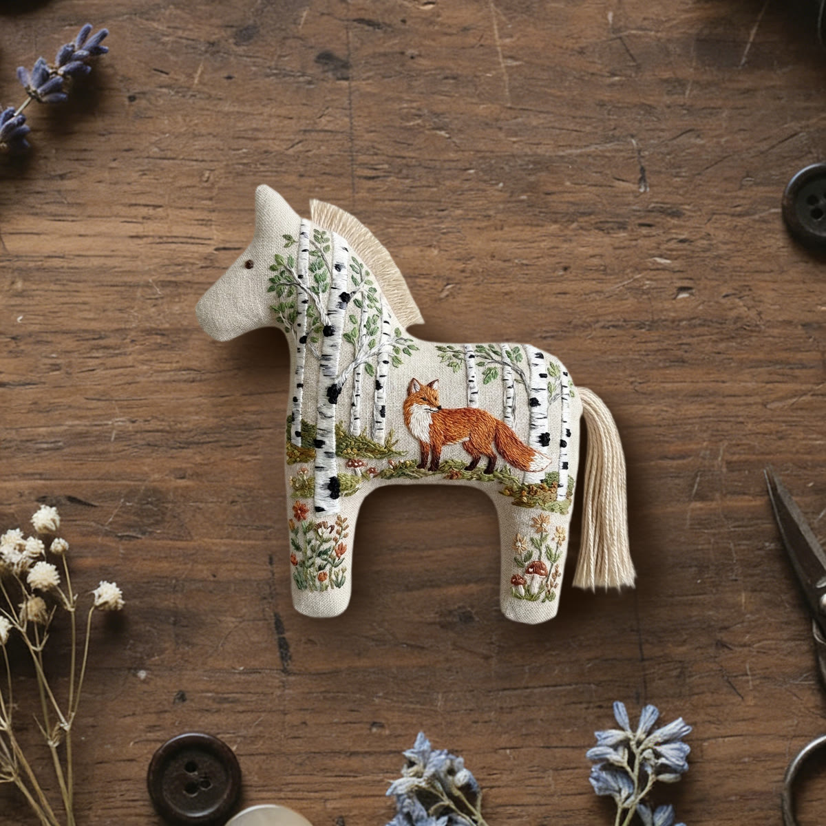 Rubbyoo Dala Horse Embroidery Kit - Fox And Birch Forest | Unique Birthday Gift For Her | Boho Forest Hanging Accessory - 6 inches hoop kit - image 1