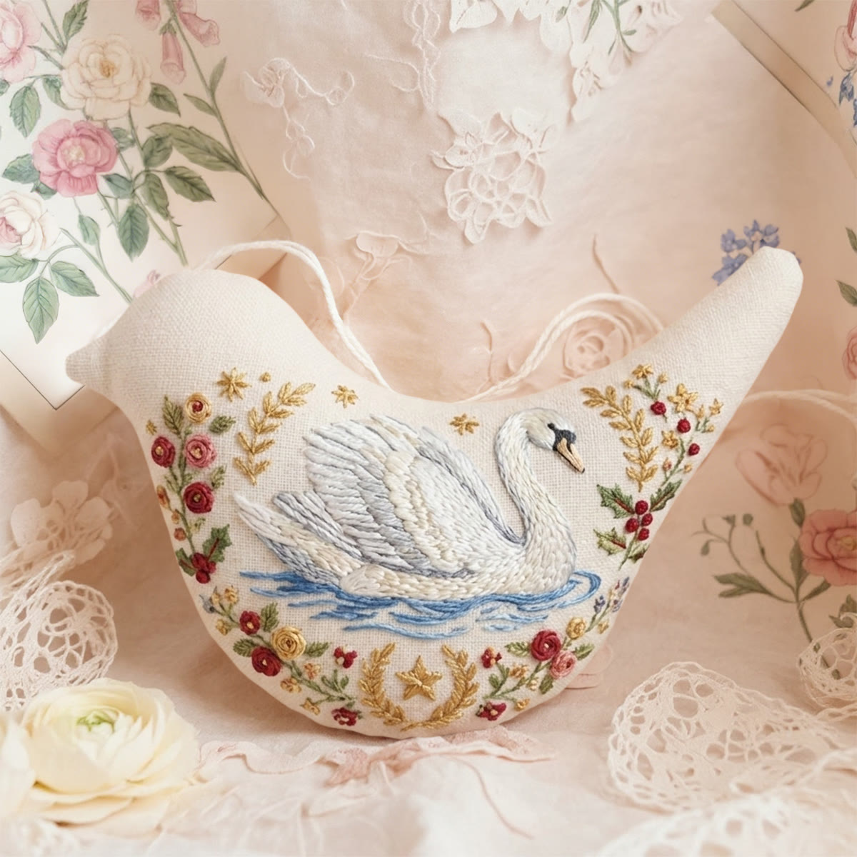 Rubbyoo Bird-shaped Embroidery Kit - Elegant Swan | Stuffed Animal Craft | Perfect Handmade Gift For Her - 6 inches hoop kit - image 1