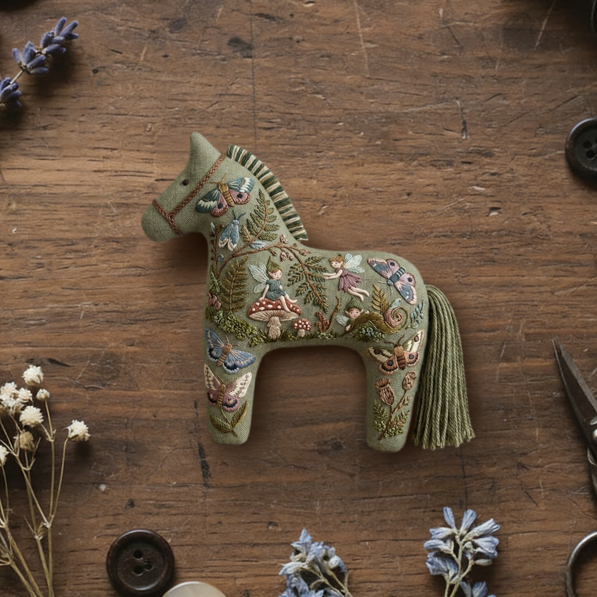 Rubbyoo Dala Horse Embroidery Kit - Forest Fairies And Moths | Handmade Fantasy Gift For Her | Cottagecore Window Hanging - 6 inches hoop kit - image 1