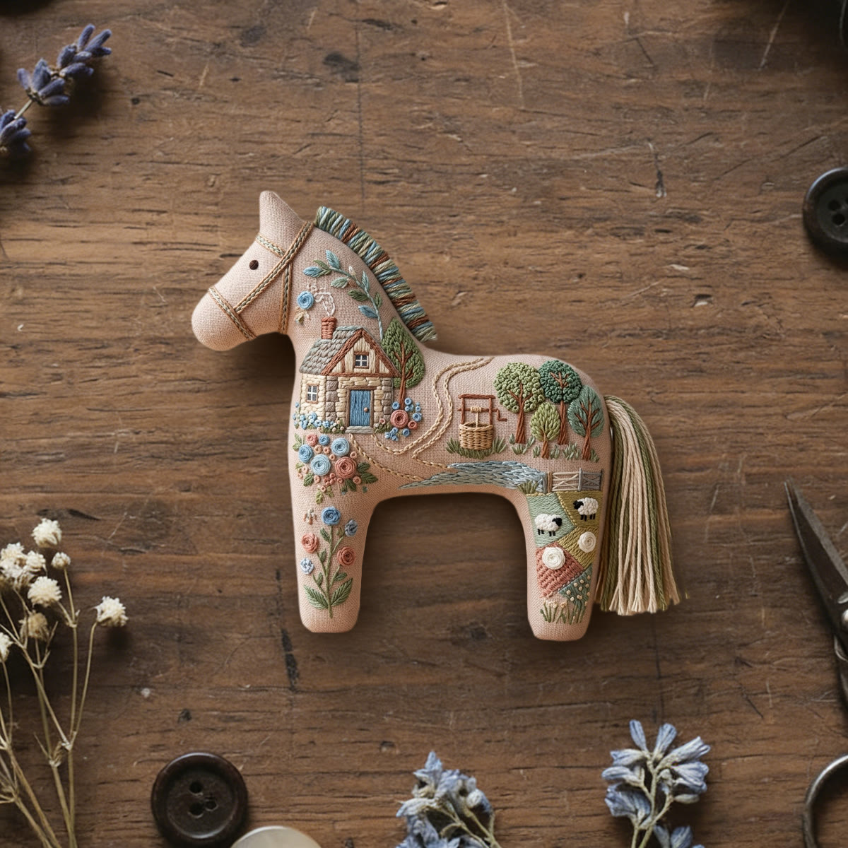 Rubbyoo Dala Horse Embroidery Kit - Country Cottage Scene | Cozy Housewarming Gift | Shabby Chic Hanging Decor - 6 inches hoop kit - image 1