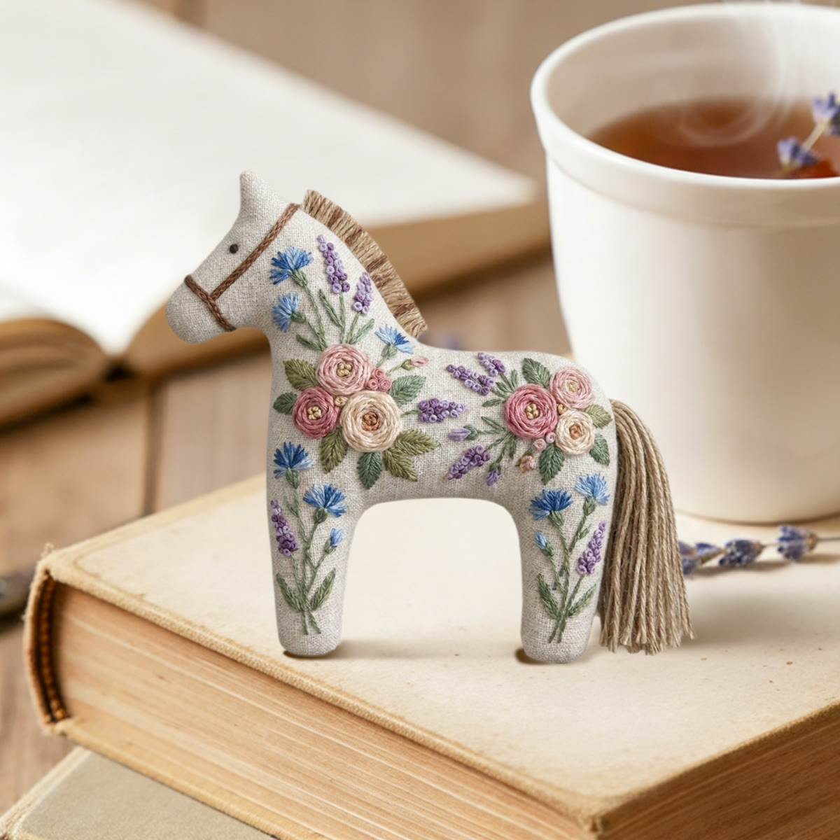Rubbyoo Dala Horse Embroidery Kit - Lavender And Rose Floral Charm | Botanical Gift For Her | Romantic Bag Accessory - image 2