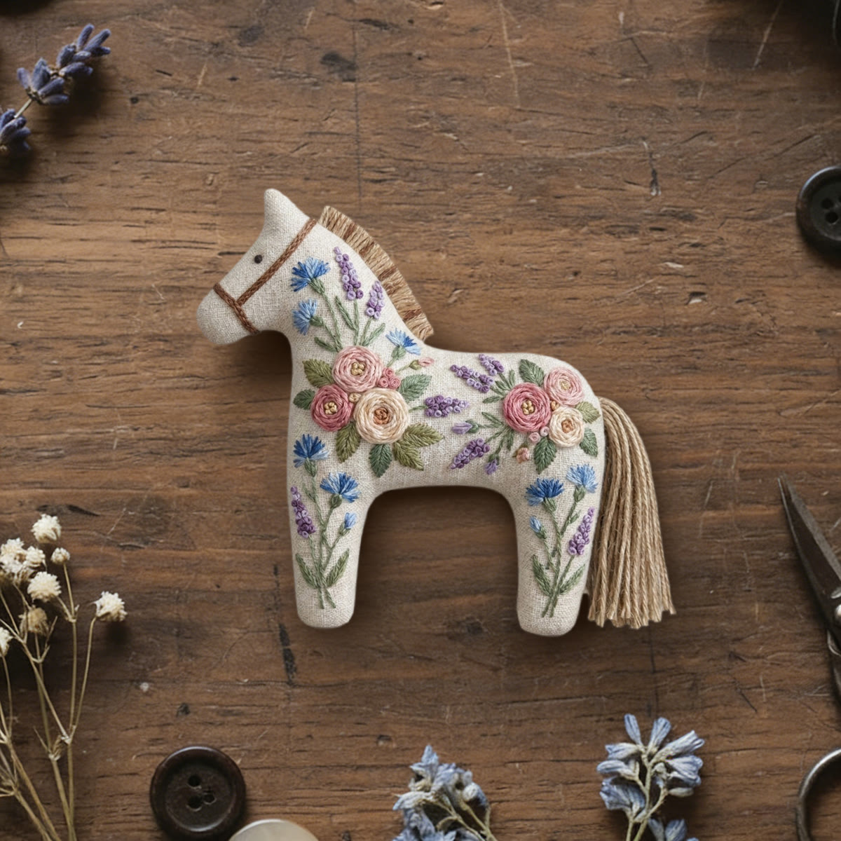 Rubbyoo Dala Horse Embroidery Kit - Lavender And Rose Floral Charm | Botanical Gift For Her | Romantic Bag Accessory - 6 inches hoop kit - image 1