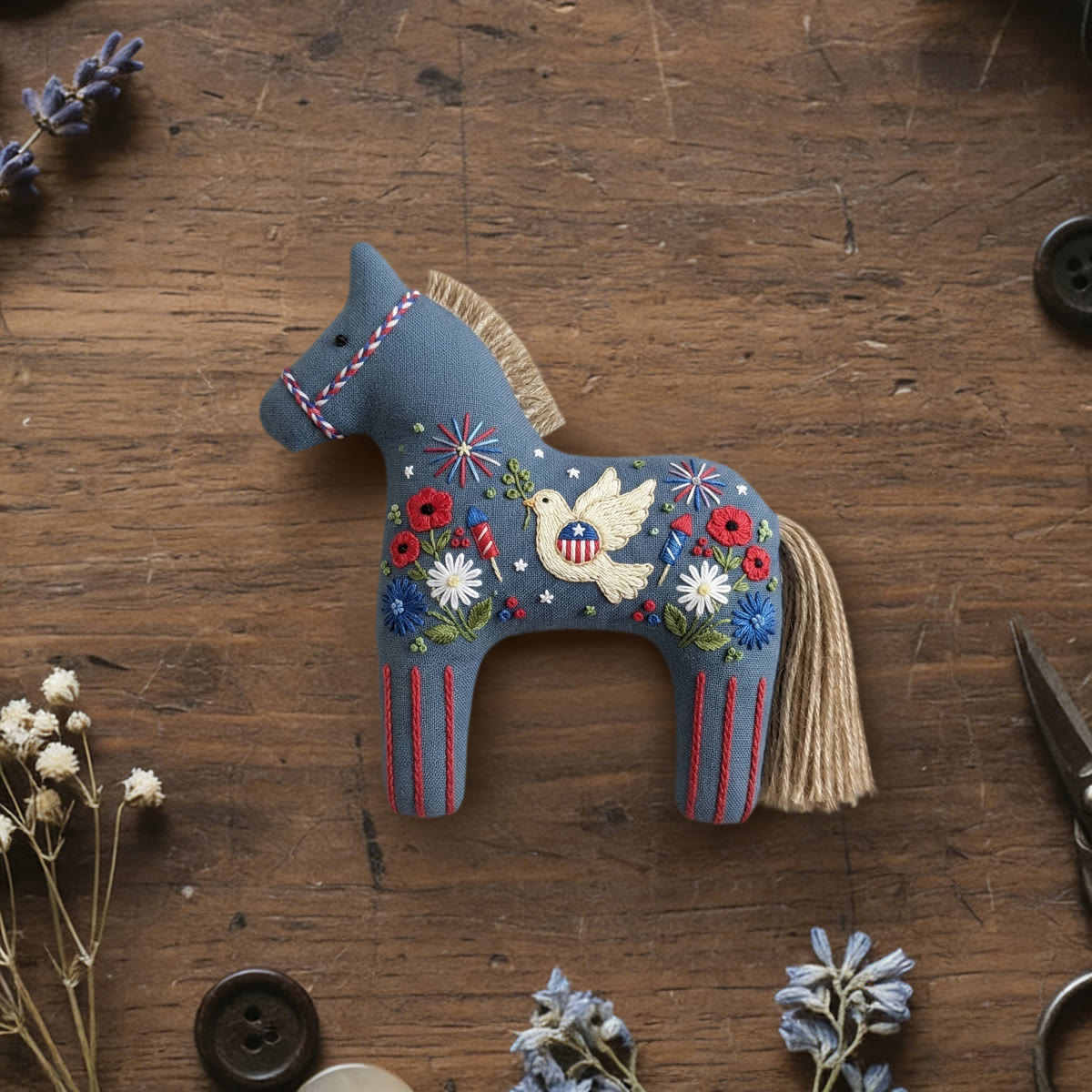 Rubbyoo Dala Horse Embroidery Kit - White Dove With Olive Branch | Independence Day Gift | Office Desk Patriotic Accent - 6 inches hoop kit - image 1