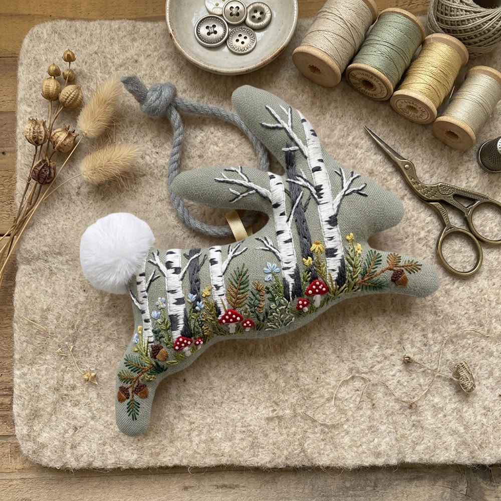 Rubbyoo Rabbit Embroidery Kit - White Birch Trees | Forest Inspired Gift For Her | Naturecore Bag Charm - image 3