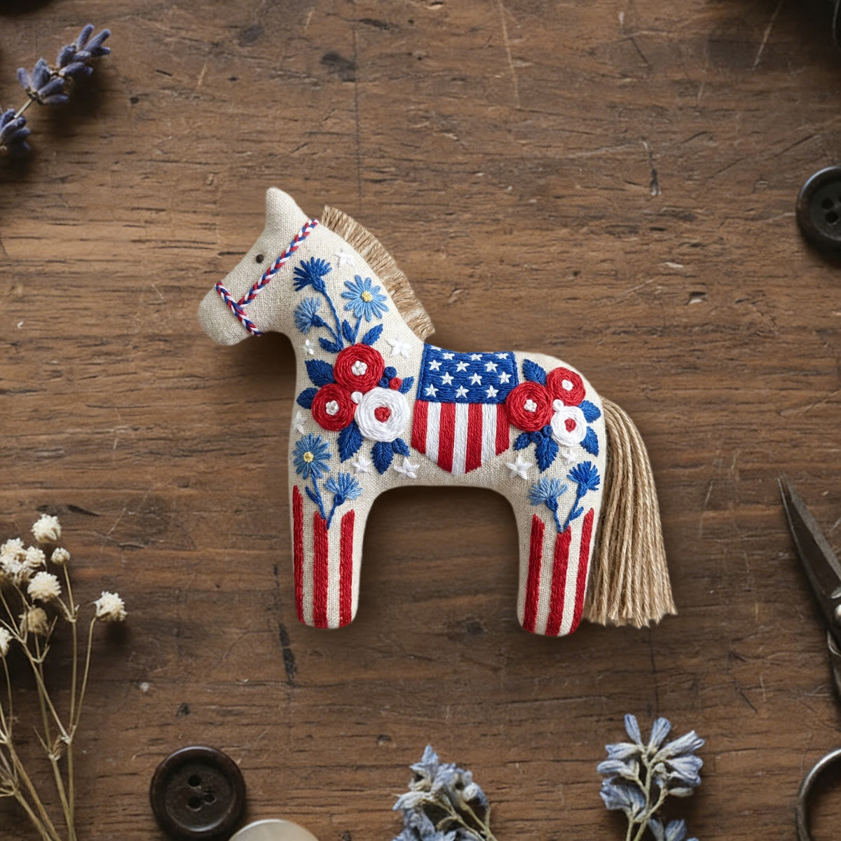Rubbyoo Dala Horse Embroidery Kit - US Flag Inspired Design | Floral Celebration Gift | Home Patriotic Decor - 6 inches hoop kit - image 1