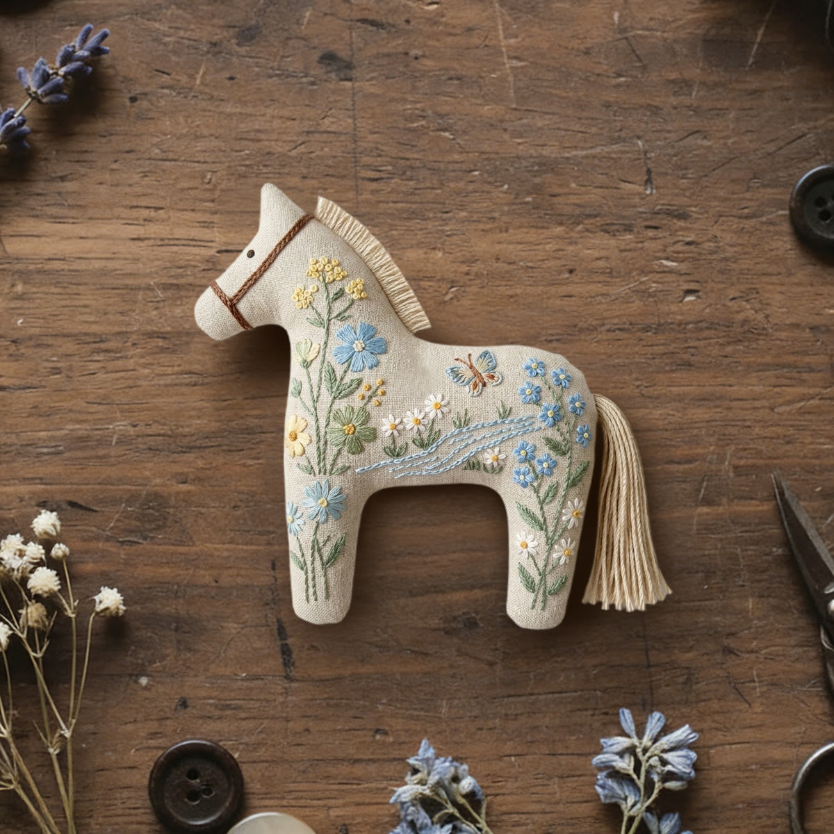 Rubbyoo Dala Horse Embroidery Kit - Butterfly And Stream Pattern | Mother's Day Keepsake | Unique Bag Pendant - 6 inches hoop kit - image 1