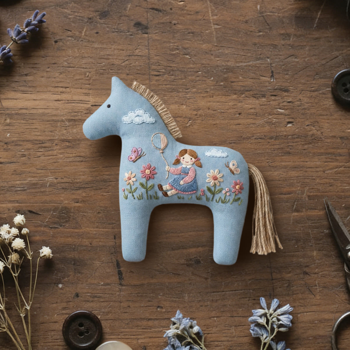 Rubbyoo Dala Horse Embroidery Kit - Little Girl With Balloon | Unique Birthday Gift For Girls | Kids Room Wall Hanging - Cottagecore Aesthetic Gift - image 1