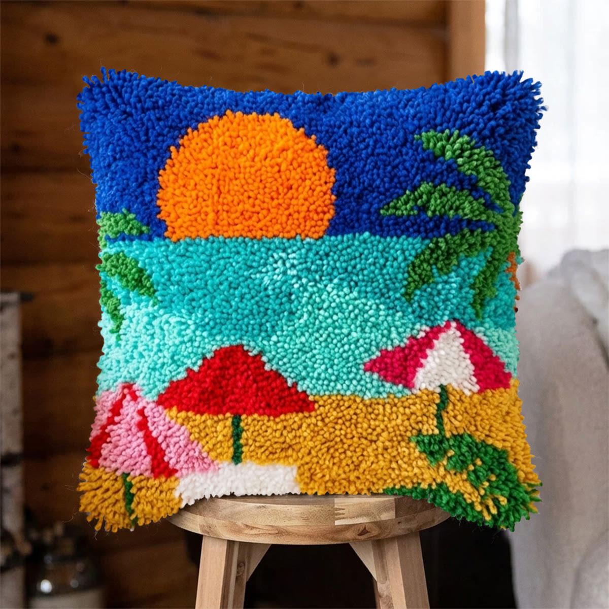 Rubbyoo Latch Hook Pillow Kit - Summer Beach | Perfect For Craft Lover | Unique Mother Gift  - 43*43cm - image 1