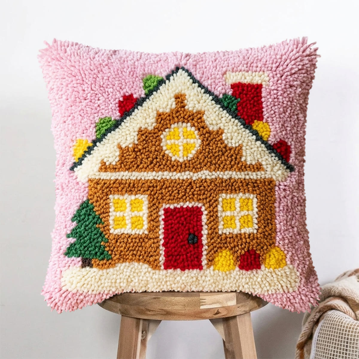 Rubbyoo Latch Hook Pillow Kit - Pink Gingerbread House | Unique Birthday Craft | Diy Cushion Cover - 43*43cm - image 1
