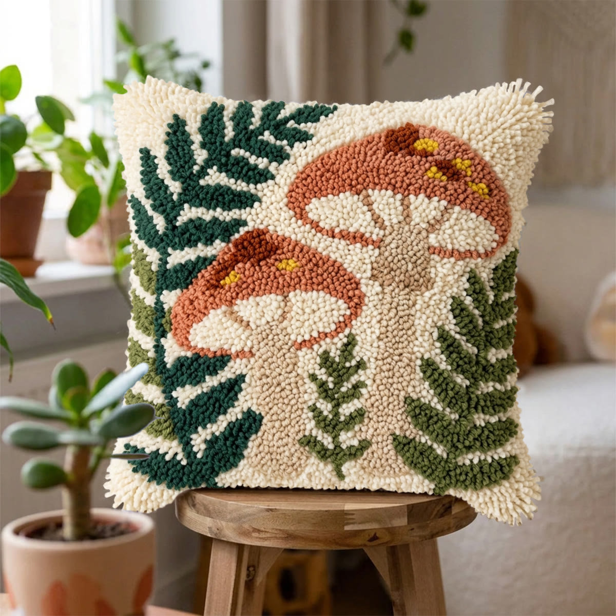 Rubbyoo Latch Hook Pillow Kit - Fern And Mushroom | Vibrant Pillow Case | Living Room Ornament - image 2