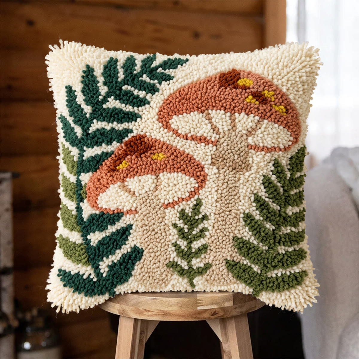 Rubbyoo Latch Hook Pillow Kit - Fern And Mushroom | Vibrant Pillow Case | Living Room Ornament - 43*43cm - image 1