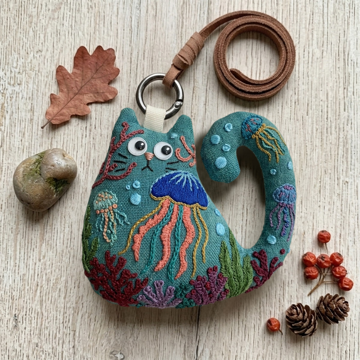 Rubbyoo Cat Embroidery Kit - Jellyfish And Coral Reef Pattern | Unique Birthday Gift | Kids Room Accent - 6 inches hoop kit - image 1